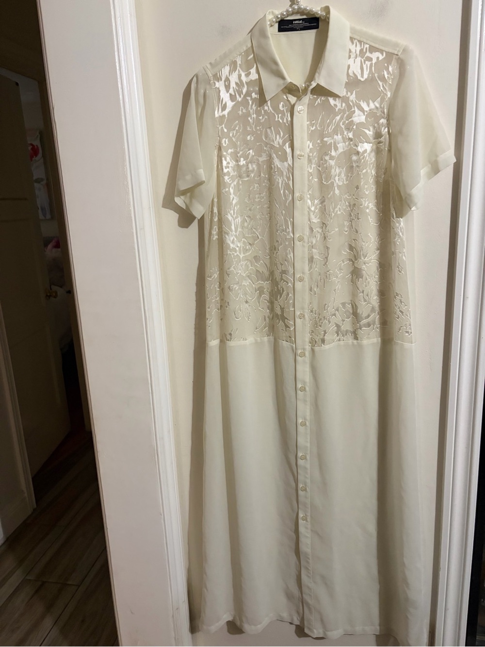 Initial 100% Silk Cream Lace-Panel Short Sleeve Midi Shirt Dress Size Small
